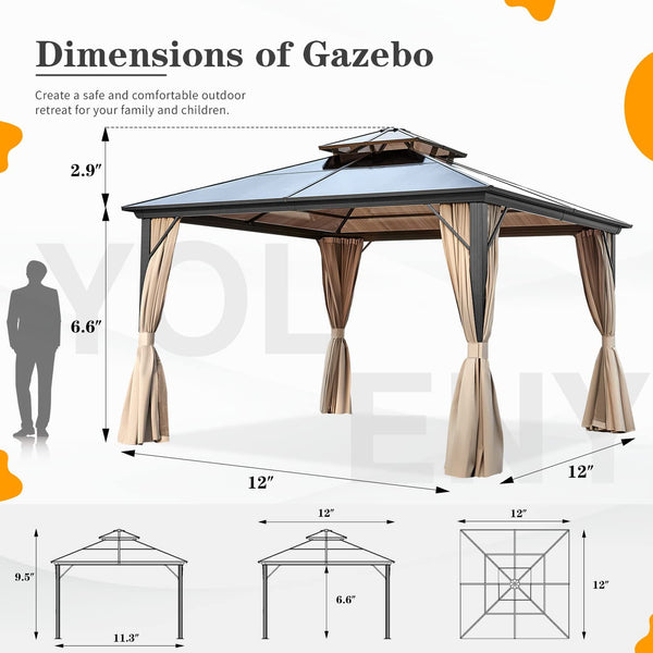 Yoleny 12 ft Outdoor Polycarbonate Double Roof Hardtop Gazebo Canopy, Beige