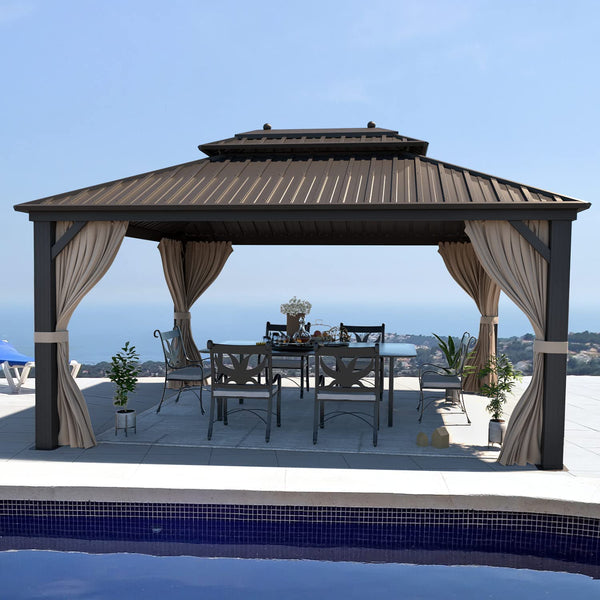 Hommow 10'x13' Hardtop Gazebo Galvanized Steel Pergolas Vented Roof Beige, Brown