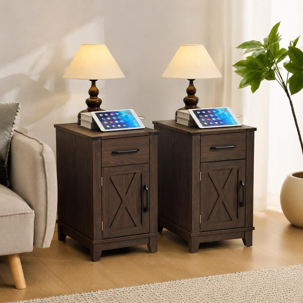 Sobremesa Farmhouse End Table with USB Charging Set of 2, Narrow Nightstand with Drawer, Adjustable Shelf & Storage Cabinet for Living Room or Bedroom