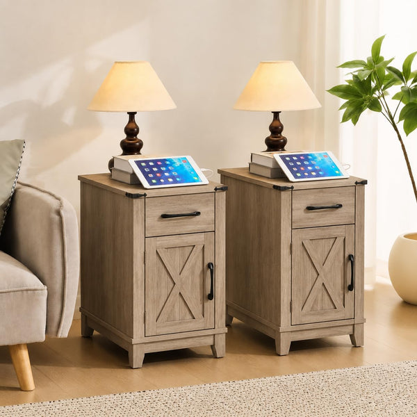 Sobremesa Farmhouse End Table with USB Charging Set of 2, Narrow Nightstand with Drawer, Adjustable Shelf & Storage Cabinet for Living Room or Bedroom