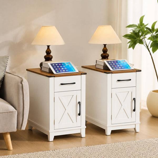 Sobremesa Farmhouse End Table with USB Charging Set of 2, Narrow Nightstand with Drawer, Adjustable Shelf & Storage Cabinet for Living Room or Bedroom