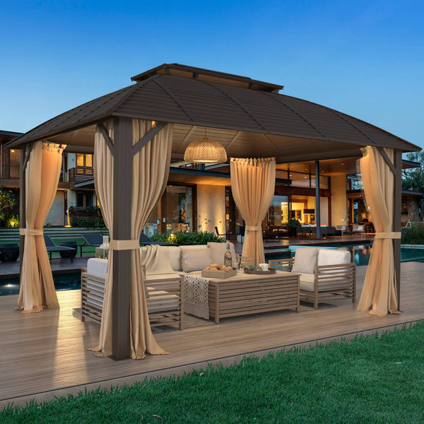 Mellcom 10' x 13' Hardtop Gazebo, Double Galvanized Steel Arc Roof with Aluminum Frame, Brown