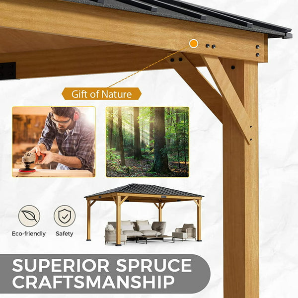 Mellcom 12' X 16' Wood Gazebo,Hardtop Gazebo with Asphalt Roof Spruce Wood Frame for Patio, Lawns, Garden
