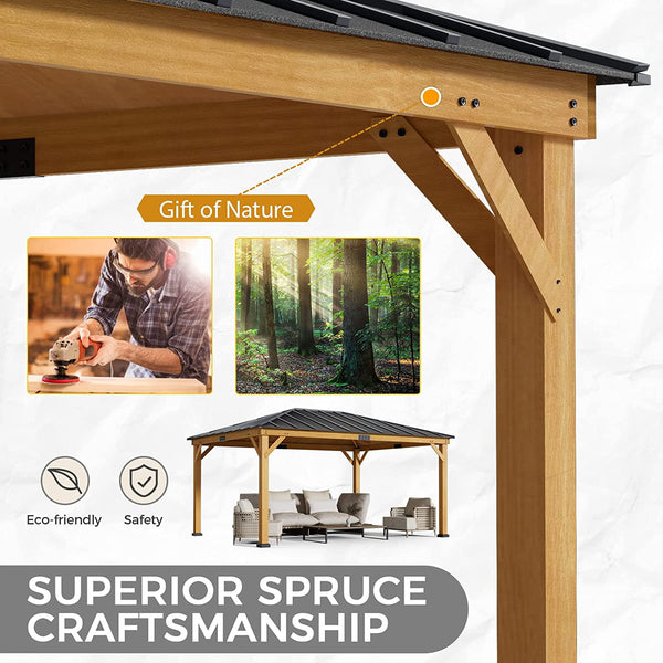 Yoleny 12' x 16' Spruce Wood Gazebo Hardtop, Silent Asphalt Roof Solid Wood Gazebo, for Patio, Lawns, Garden, Yard