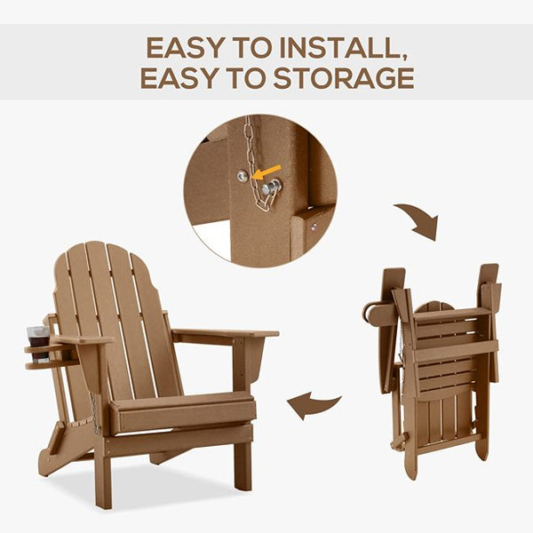 Erommy HDPE Folding Adirondack Chair with Cup for Patio Lawn, Chocolate