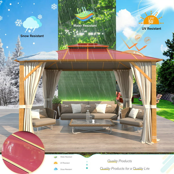 Erommy 10x12ft Hardtop Gazebo, Wooden Finish Coated Aluminum Frame Gazebo with Double Aluminum Composite Roof for Patio，Red