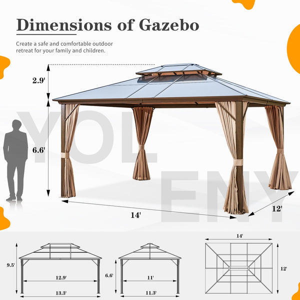 Yoleny 12'x14' Outdoor Hardtop Polycarbonate Gazebo Canopy Curtains Aluminum Frame with Netting for Garden,Patio