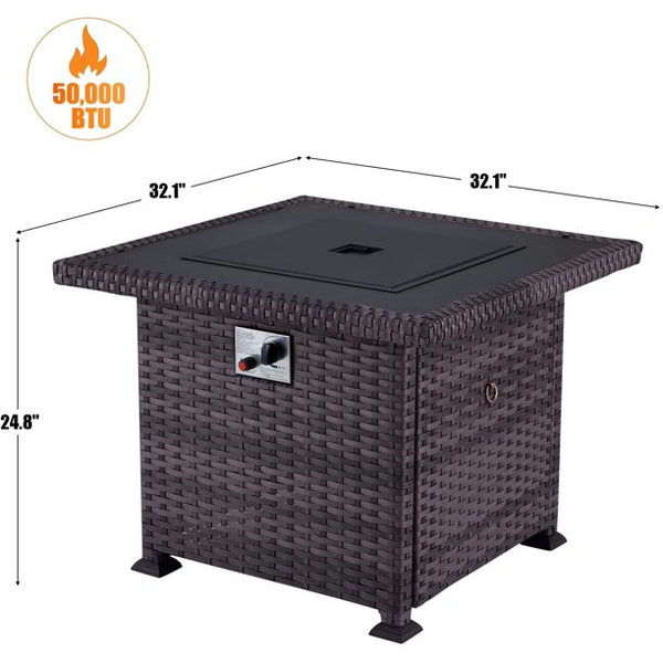 Erommy 32'' Propane Fire Pit Table, CSA Certified 50,000 BTU Wicker Square Gas Fire Pit Table with Cover, Dark Brown