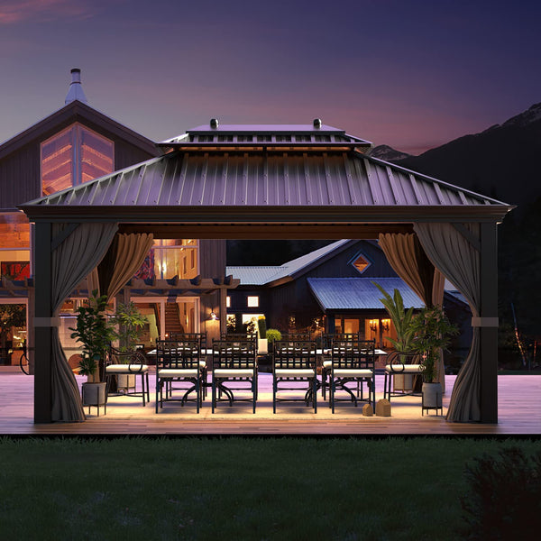Hommow 12' x 16' Hardtop Gazebo Steel Outdoor Double Vented Roof Brown