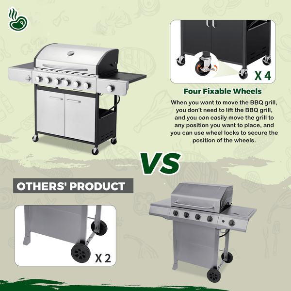 Erinnyees 6-Burner Propane Gas Grill Stainless Steel with Side Burner, Outdoor Cooking BBQ Grills Cabinet