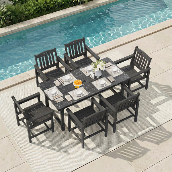 SOBREMESA 7-Piece HDPE Outdoor Dining Set, 66.9” Marble Texture Patio Table with Umbrella Hole & 6 All-Weather Chairs, Gray Patio Furniture for Yard Deck Porch