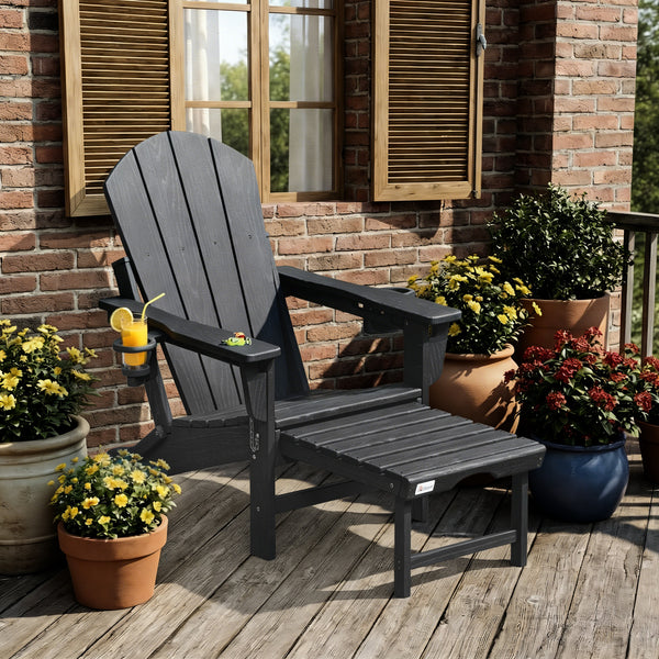 Richryce 3-Level Adjustable Adirondack Chair with Retractable Ottoman, HDPE All-Weather Folding Fire Pit Chair with 2 Cup Holders, Outdoor Chair for Garden