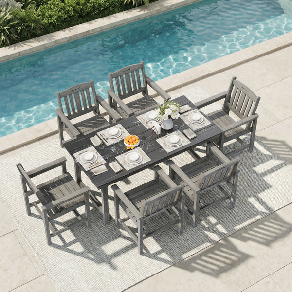 SOBREMESA 7-Piece HDPE Outdoor Dining Set, 66.9” Marble Texture Patio Table with Umbrella Hole & 6 All-Weather Chairs, Gray Patio Furniture for Yard Deck Porch