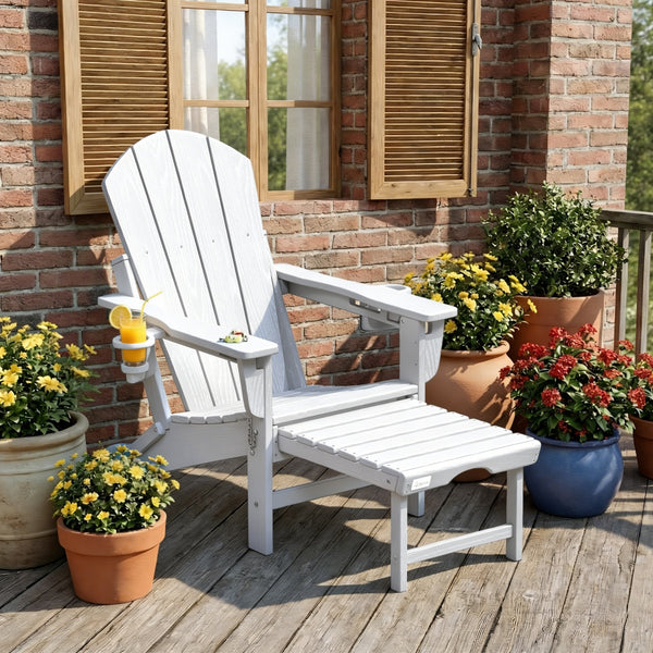 Richryce 3-Level Adjustable Adirondack Chair with Retractable Ottoman, HDPE All-Weather Folding Fire Pit Chair with 2 Cup Holders, Outdoor Chair for Garden