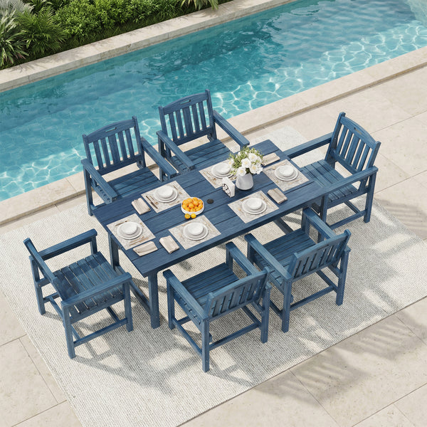 SOBREMESA 7-Piece HDPE Outdoor Dining Set, 66.9” Marble Texture Patio Table with Umbrella Hole & 6 All-Weather Chairs, Gray Patio Furniture for Yard Deck Porch