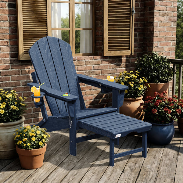 Richryce 3-Level Adjustable Adirondack Chair with Retractable Ottoman, HDPE All-Weather Folding Fire Pit Chair with 2 Cup Holders, Outdoor Chair for Garden