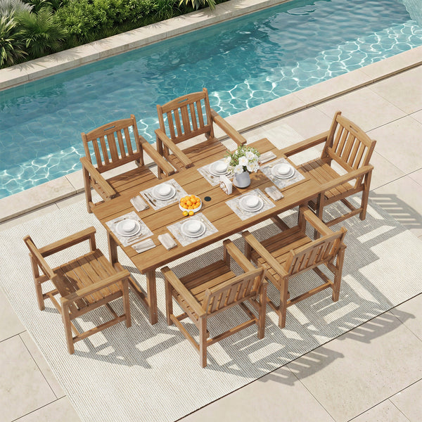 SOBREMESA 7-Piece HDPE Outdoor Dining Set, 66.9” Marble Texture Patio Table with Umbrella Hole & 6 All-Weather Chairs, Gray Patio Furniture for Yard Deck Porch