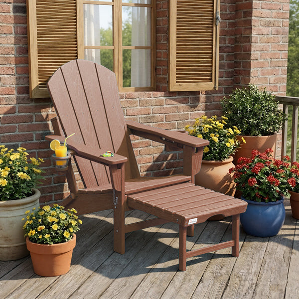 Richryce 3-Level Adjustable Adirondack Chair with Retractable Ottoman, HDPE All-Weather Folding Fire Pit Chair with 2 Cup Holders, Outdoor Chair for Garden
