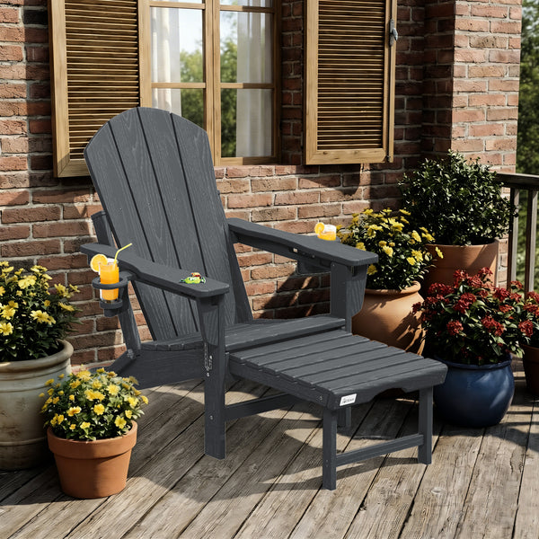 Richryce 3-Level Adjustable Adirondack Chair with Retractable Ottoman, HDPE All-Weather Folding Fire Pit Chair with 2 Cup Holders, Outdoor Chair for Garden