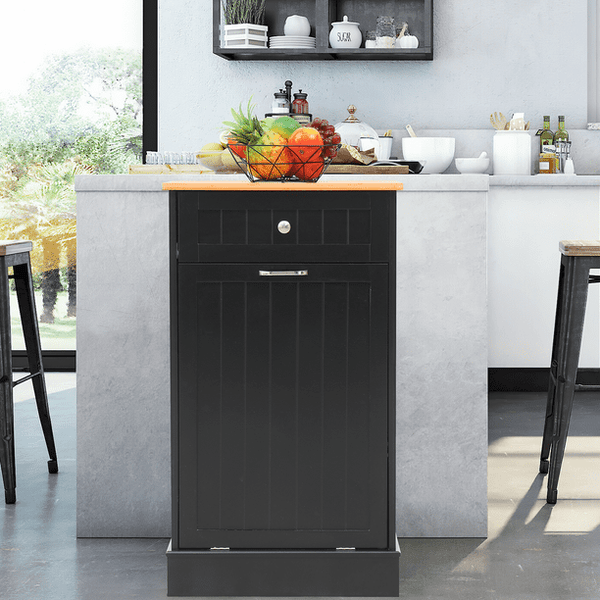 EROMMY Tilt Out Trash Cabinet, Wooden Kitchen Trash Can Free Standing Waste Bin, Recycling Hideaway Garbage Can Holder with Drawer and Removable Bamboo Cutting Board, Black