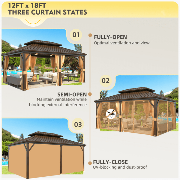 Mellcom 12' X 18' Hardtop Gazebo Aluminum Frame Gazebo with Galvanized Steel Double Roof