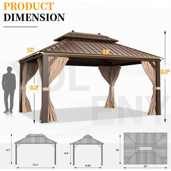 Hommow 10'x13' Hardtop Gazebo Galvanized Steel Pergolas Vented Roof Beige, Brown
