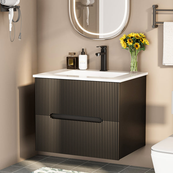 EROMMY 24" Floating Bathroom Vanity Set, Wall Mounted Bathroom Cabinet with Ceramic Sink, 2 Fluted Drawers & Hidden Handles(Natural)