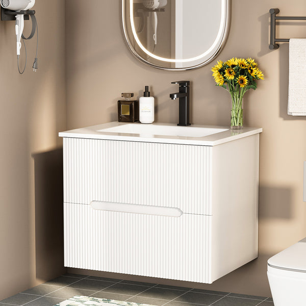 EROMMY 24" Floating Bathroom Vanity Set, Wall Mounted Bathroom Cabinet with Ceramic Sink, 2 Fluted Drawers & Hidden Handles(Natural)