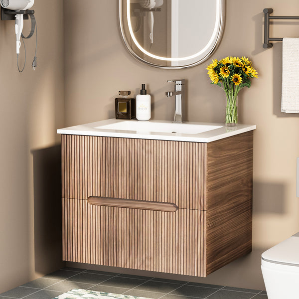 EROMMY 24" Floating Bathroom Vanity Set, Wall Mounted Bathroom Cabinet with Ceramic Sink, 2 Fluted Drawers & Hidden Handles(Natural)
