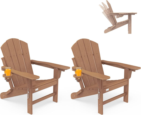 Richryce 3-Level Adjustable Adirondack Chair Set of 2, Wooden Textured, HDPE All-Weather Folding Fire Pit Chair with Cup Holder, Outdoor Chair for Beach Deck Patio Garden Backyard Campfire