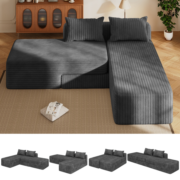 EROMMY Convertible Boneless Couch, 4 in 1 Flexible Cloud Couch Sectional Sofa with Adjustable Chaise & Deep Seat, Upholstered Modular Boneless Couches for Living Room, with 2 Pillows, No Assembly