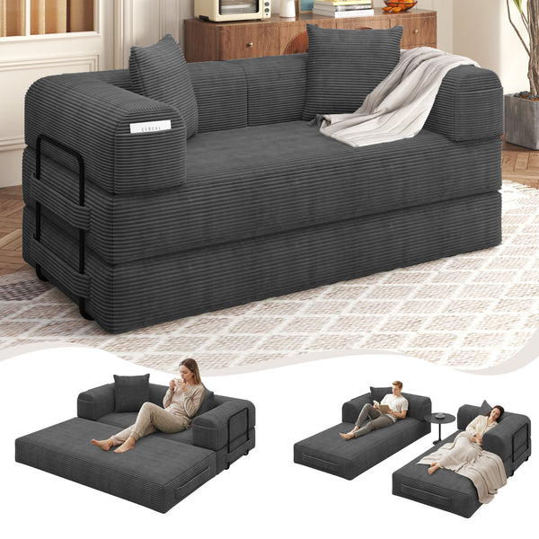 EROMMY 80" Convertible Sofa Bed, 5-in-1 Modular Boneless Couch Sofa Bed with Fixed Frame & Removable Backrest Pillow, Washable Corduroy Sofa Bed Couch in a Box for Small Spaces, No Assembly