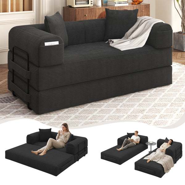 EROMMY 80" Convertible Sofa Bed, 5-in-1 Modular Boneless Couch Sofa Bed with Fixed Frame & Removable Backrest Pillow, Washable Corduroy Sofa Bed Couch in a Box for Small Spaces, No Assembly
