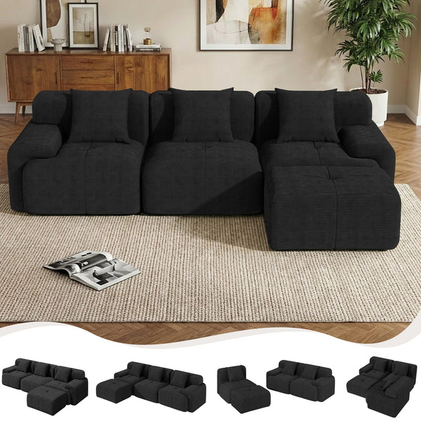 Richryce 104" Modular Cloud Couch with Ottoman, Boneless Sectional Sofa, No-Assembly, Deep Seat & Pillows for Small Living Room, Upholstered