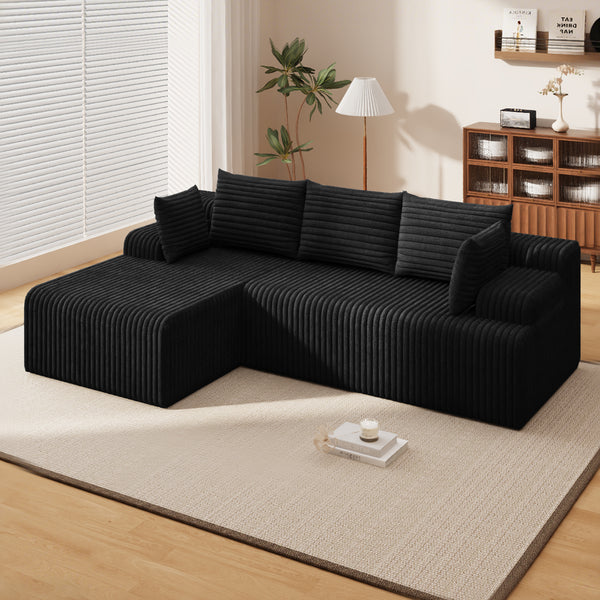 SOBREMESA Boneless Sectional Couch with Deep Seat & Chaise for Small Spaces, for Living Room, L Shaped Couch with Left Facing Chaise, Black | no assembly required, Plush Corduroy, 5*throw pillows