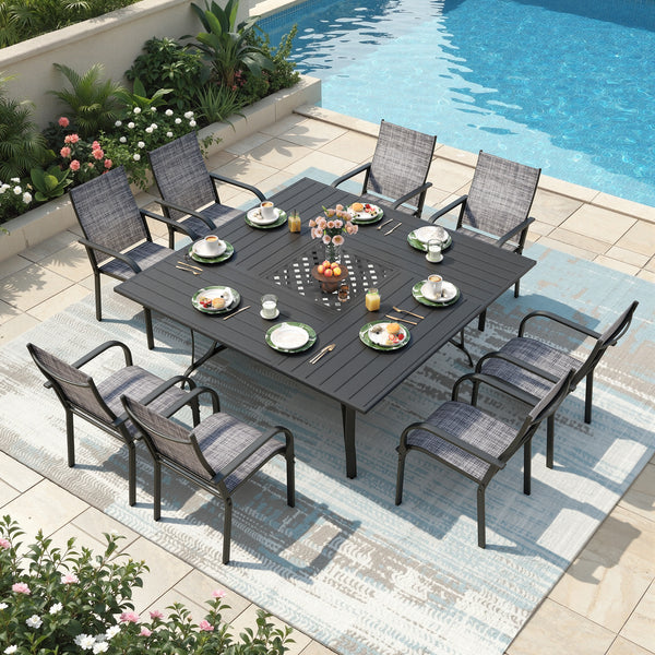Richryce 9-Piece Patio Dining Table Set, Patio Table with Umbrella Hole, Square Metal Dining Table with 8 Textilene Dining Chairs for Garden