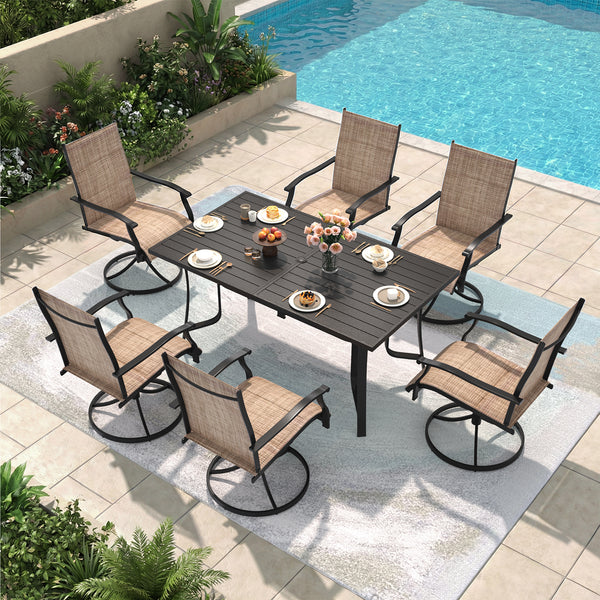 Richryce 7-Piece Outdoor Patio Dining Set, Metal Table with Umbrella Hole, 6-Person Patio Table and 6 Swivel Chairs for Garden