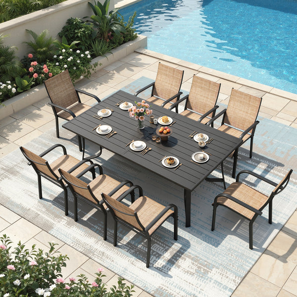 Richryce 9-Piece Outdoor Patio Dining Set with 8 Stackable Dining Chairs, Metal Table with Umbrella Hole, 8-Person Patio Table and Chairs for Backyard,