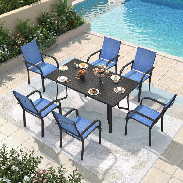 Richryce 7-Piece Outdoor Patio Dining Set - 6 Stackable Texlin Sling Chairs & 63" Table, Low-Maintenance Furniture for Garden, Includes Umbrella Hole