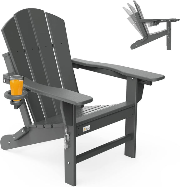 Richryce 3-Level Adjustable Adirondack Chair, Wooden Textured, HDPE All-Weather Folding Fire Pit Chair with Cup Holder, Outdoor Chair for Poolside Deck Patio Garden Backyard Lawn Campfire