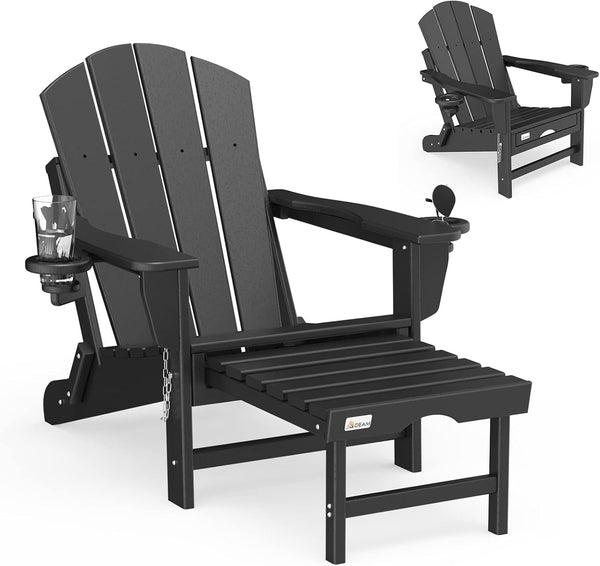 Richryce Folding Adirondack Chair with Retractable Ottoman, HDPE All-Weather Fire Pit Chair with 2 Cup Holders, Outdoor Chair for Deck Patio Garden Backyard Lawn