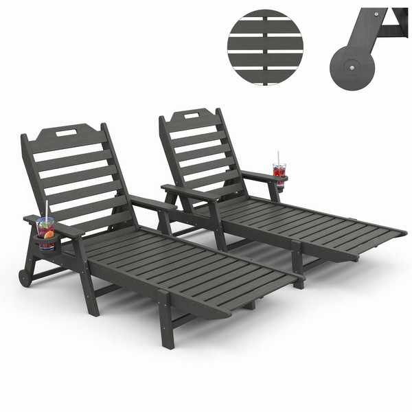 Richryce Lounge Chairs Outdoor Set of 2 24" W Oversized Chaise Lounge Chair with 6 Positions 500LBS Capacity HDPE All-Weather Patio Lounge Chair with Wheels and Cup Holder for Deck Poolside