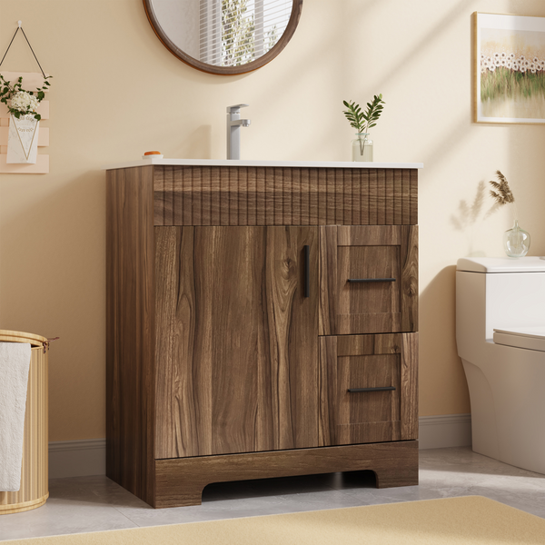 Richryce 30 Inch Bathroom Vanity with Ceramic Sink, Wooden Bathroom Sink Vanity with a Door & 2 Drawers, Freestanding Bathroom Sink Cabinet (Walnut)