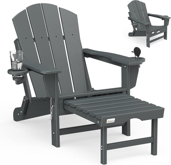 Richryce Folding Adirondack Chair with Retractable Ottoman, HDPE All-Weather Fire Pit Chair with 2 Cup Holders, Outdoor Chair for Deck Patio Garden Backyard Lawn