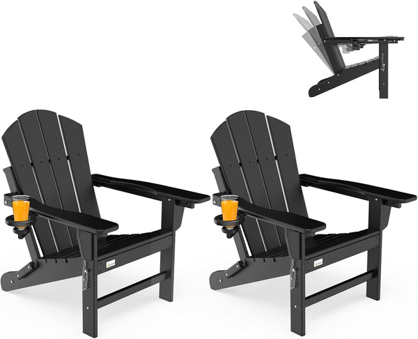 Richryce 3-Level Adjustable Adirondack Chair Set of 2, Wooden Textured, HDPE All-Weather Folding Fire Pit Chair with Cup Holder, Outdoor Chair for Beach Deck Patio Garden Backyard Campfire