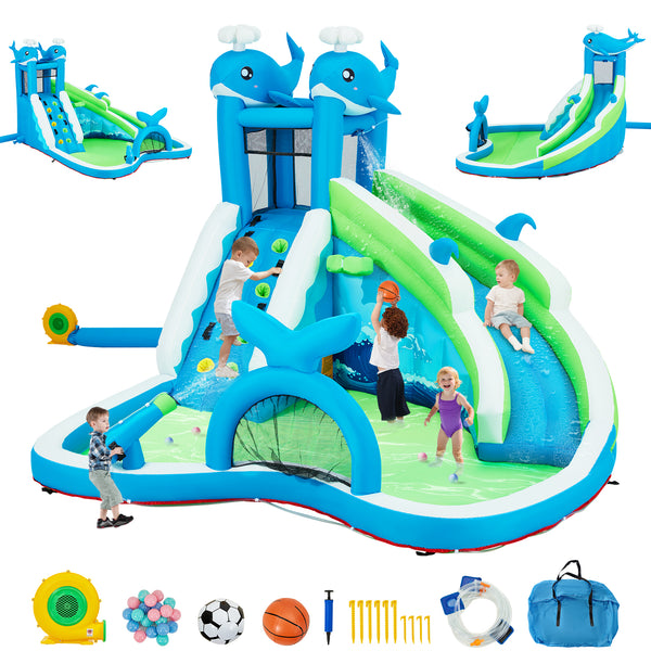 Inflatable Water Slide, 6-in-1 Whale Style Outdoor Bounce House for Kids Aged 3-10