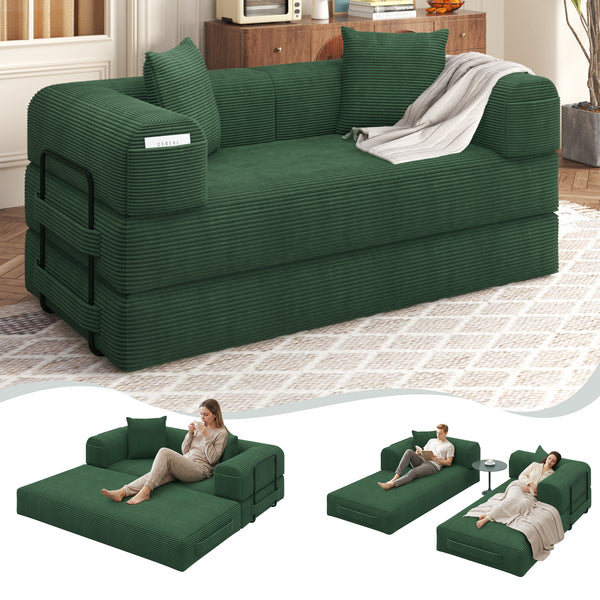 EROMMY 80" Convertible Sofa Bed, 5-in-1 Modular Boneless Couch Sofa Bed with Fixed Frame & Removable Backrest Pillow, Washable Corduroy Sofa Bed Couch in a Box for Small Spaces, No Assembly