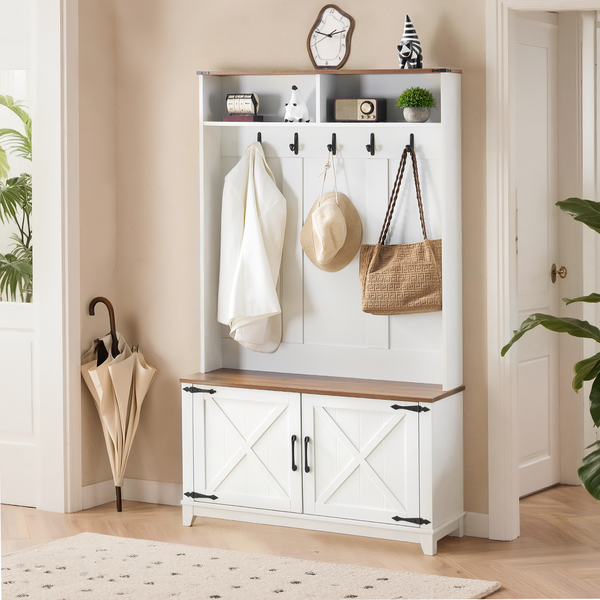 SOBREMESA 38" Farmhouse Hall Tree with Bench, 7 Hooks, Shoe Storage, 2 Open Compartments, Adjustable Shelf & Barn Door