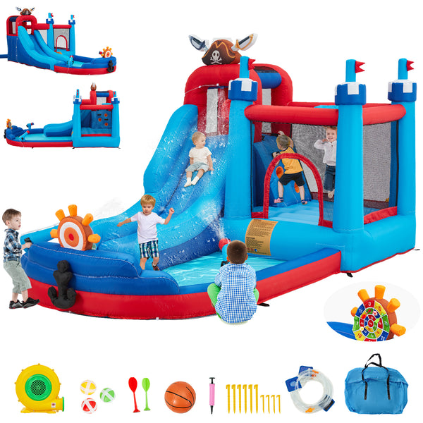 Inflatable Water Slide, 7-in-1 Pirate Ship Style Outdoor Bounce House for Kids Aged 3-10