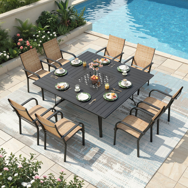 Richryce 9-Piece Patio Dining Table Set, Patio Table with Umbrella Hole, Square Metal Dining Table with 8 Textilene Dining Chairs for Garden